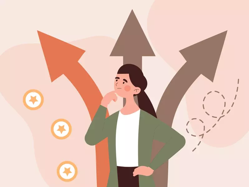 A cartoon woman deciding which of three paths to choose and selecting the left path