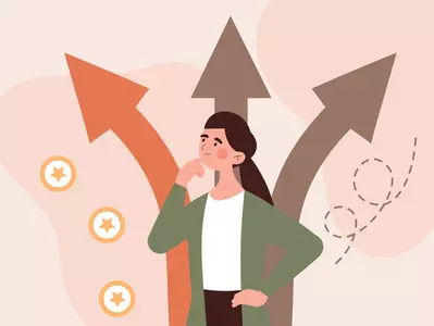 A cartoon woman deciding which of three paths to choose and selecting the left path